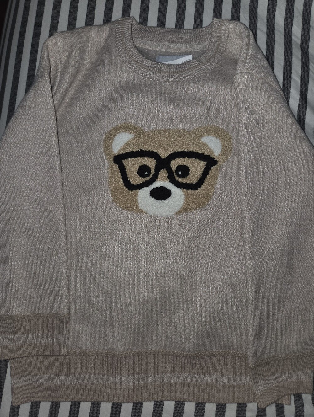 Taupe Knit Sweater with Teddy Bear Face and Glasses